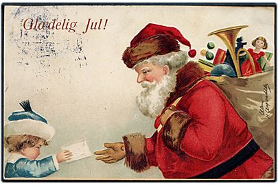Ellen H. Clapsaddle: Julemand i rød kåbe modtager brev fra lille pige. Glædelig Jul!. H. & S. u/no.