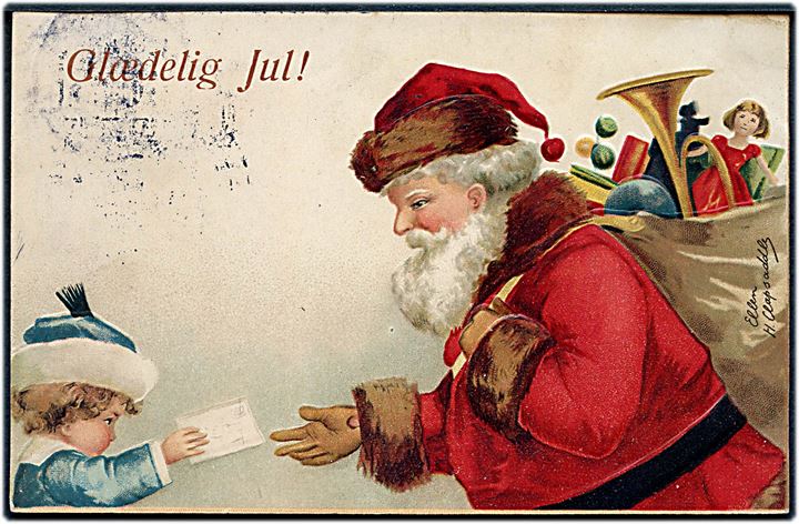 Ellen H. Clapsaddle: Julemand i rød kåbe modtager brev fra lille pige. Glædelig Jul!.