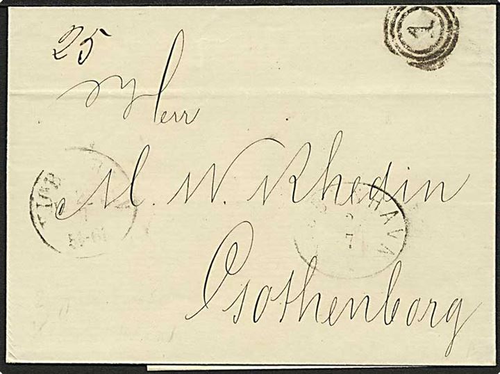 1866. Ufrankeret brevomslag med nr.stempel 1 fra Kjøbenhavn d. 2.7.1866 til Göteborg, Sverige. Påskrevet 25.