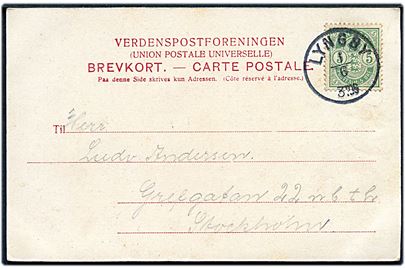 5 øre Våben på brevkort annulleret med lapidar Lyngby d. 1.6.1905 til Stockholm, Sverige.