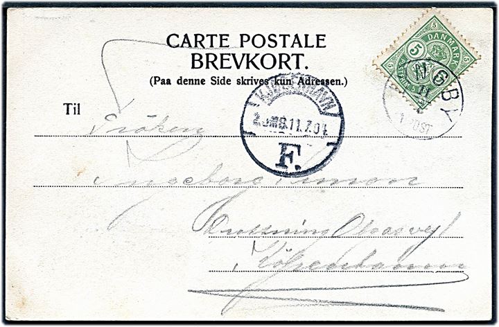 5 øre Våben på brevkort annulleret med lapidar Lyngby d. 11.7.1904 til København.