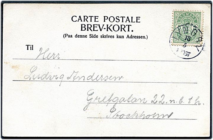 5 øre Våben på brevkort annulleret med lapidar Lyngby d. 15.5.190x til Stockholm, Sverige.