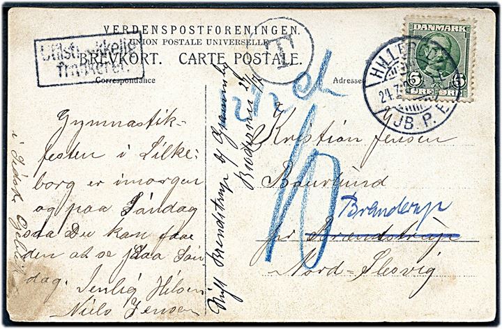 5 øre Fr. VIII på brevkort (Maarum Præstegaard) annulleret Hillerød JB.P.E. d. 24.7.1909 til Branderup i Nordslesvig. Rammestempel Utilstrækkelig frankeret, samt T-stempel og udtakseret i 10 pfg. tysk porto.