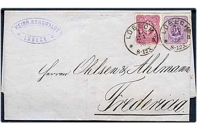 5 pfg. Ciffer og 10 pfg. Adler på 15 pfg. frankeret brev fra Lübeck d. 2.1.1878 til Fredericia, Danmark. Særtakst fra Hertugdømmerne til Danmark.