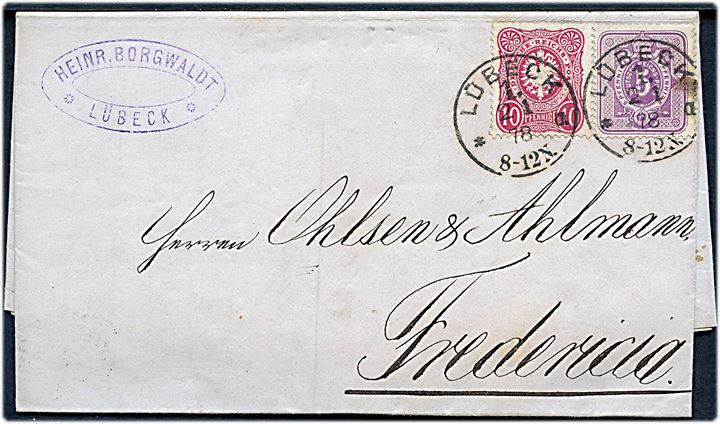 5 pfg. Ciffer og 10 pfg. Adler på 15 pfg. frankeret brev fra Lübeck d. 2.1.1878 til Fredericia, Danmark. Særtakst fra Hertugdømmerne til Danmark.