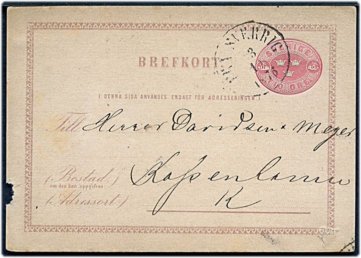 10 öre Tre Kroner helsagsbrevkort annulleret med antiqua skibsstempel Fra Sverige d. 3.10.1876 til København, Danmark. Skade i venstre side.
