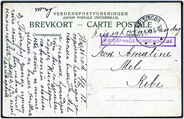 Ufrankeret brevkort dateret Horserød med rammestempel Krigsfangeforsendelse stemplet Helsingør d. 5.9.1919 til Ribe. Meddelelse skrevet på russisk.