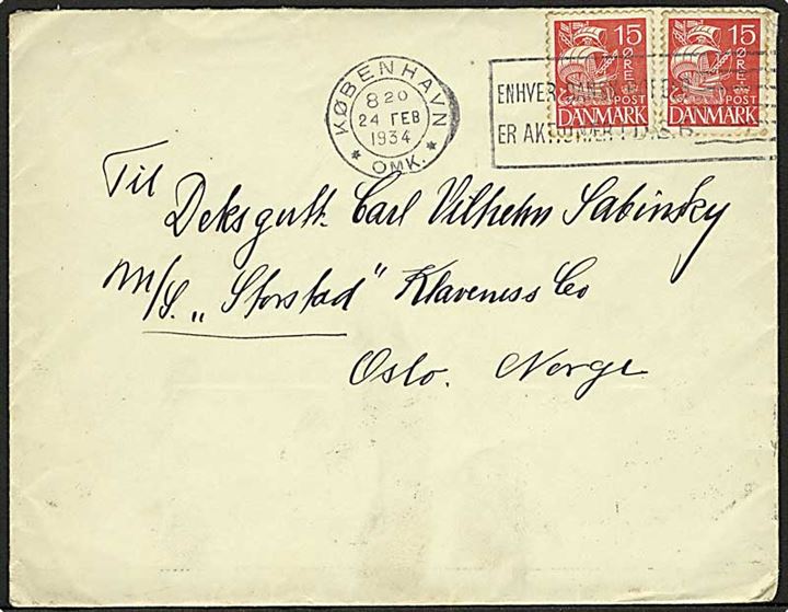 15 øre Karavel (2) på brev fra København d. 24.2.1934 til sømand omborg på norske skib M/S Storstad via rederi i Oslo, Norge.