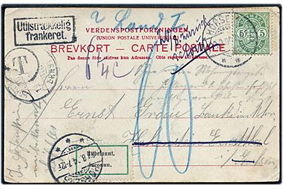 5 øre Våben på underfrankeret brevkort fra Horsens d. 18.8.1904 Hoherstein, Tyskland. Rammestempel Utilstrækkelig frankeret. og udtakseret i 10 pfg. tysk porto. Retur med 2-sproget etiket Unbekannt.
