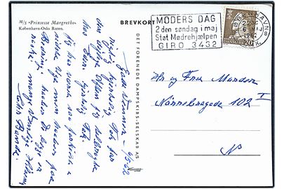 20 øre Fr. IX på brevkort (DFDS færgen M/S Prinsesse Margrethe) annulleret med TMS Moders Dag 2den søndag i maj. Støt Mødrehjælpen GIRO 3432/København OMK. 8 d. 6.5.1962 til København.