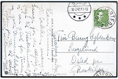 15 øre Chr. X på brevkort annulleret med udslebet stjernestempel HJERTEBJÆRG og yderligt placeret sidestempel Stege d. 13.7.1943 til Osted pr. Roskilde.