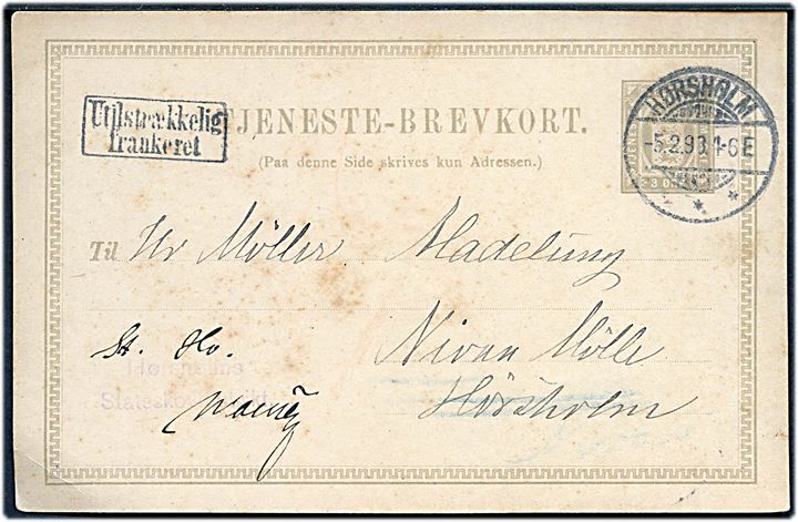 3 øre lokalt Tjenestebrevkort fra Hørsholms Statsskovdistrikt stemplet Hørsholm d. 5.2.1899 til Nivaa Mølle pr. Hørsholm. Omadresseret til Nivaa med rammestempel Utilstrækkelig frankeret og udtakseret i porto.
