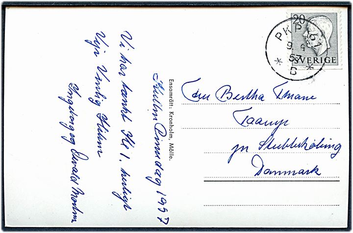 20 öre Gustaf på brevkort dateret Kullen og annulleret med bureaustempel PKP 61 (= Halmstad-Ängelholm-Malmö) d. 9.6.1957 til Stubbekøbing, Danmark.