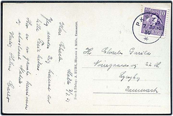 10 öre Berzelius (defekt) på brevkort fra Mölle annulleret med bureaustempel PKP 122 (=Mölle-Höganäs-Åstorp) d. 7.7.1939 til Lyngby, Danmark.