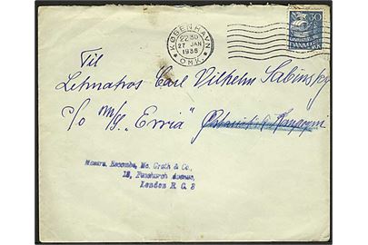 30 øre Karavel på brev fra København d. 27.1.1936 til sømand ombord på ØK-skibet Erria via rederi i København - eftersendt til London, England.