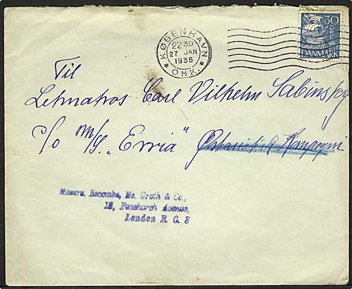 30 øre Karavel på brev fra København d. 27.1.1936 til sømand ombord på ØK-skibet Erria via rederi i København - eftersendt til London, England.