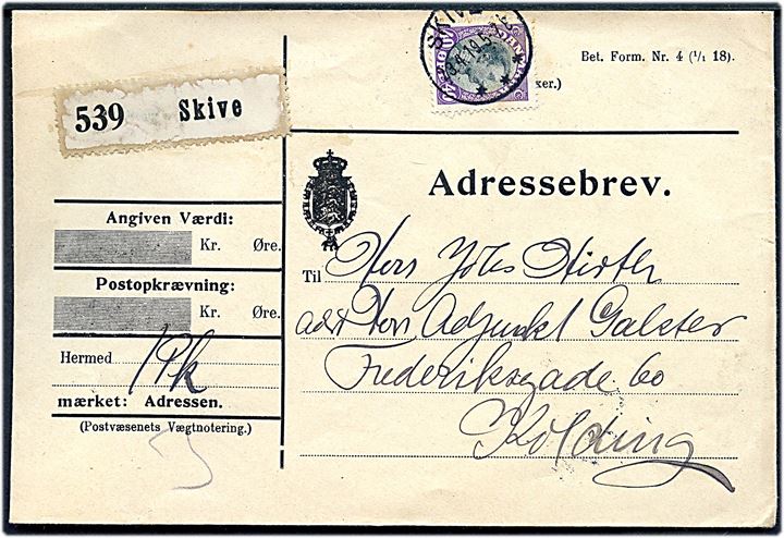 40 øre Chr. X single på adressebrev for pakke fra Skive d. 23.4.1919 til Kolding.