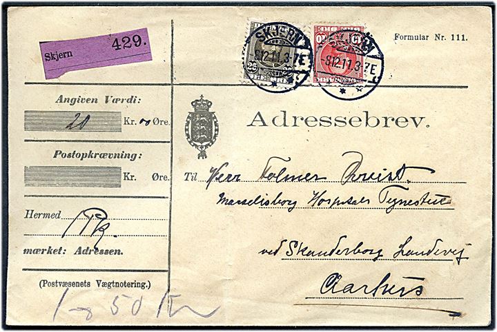 10 øre og 25 øre Fr. VIII på adressebrev for værdipakke fra Skjern d. 8.12.1911 til Aarhus.