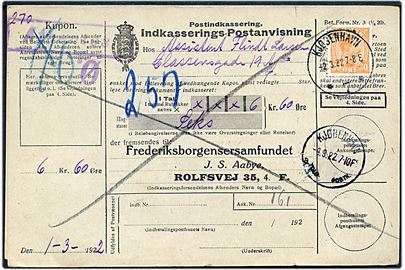30 øre Chr. X single på lokal retur Indkasserings-Postanvisning fra Kjøbenhavn *7* d. 2.3.1922. Retur med brotype IIIb Kjøbenhavn Told-Postkt. sn3 d. 4.3.1922.