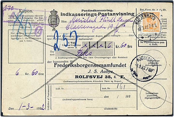 30 øre Chr. X single på lokal retur Indkasserings-Postanvisning fra Kjøbenhavn *7* d. 2.3.1922. Retur med brotype IIIb Kjøbenhavn Told-Postkt. sn3 d. 4.3.1922.