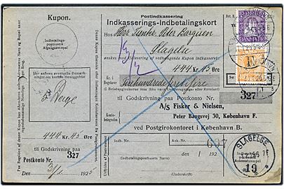 15 øre Chr. IV Postjubilæum og 30 øre Chr. X på retur Indkasserings-Indbetalingskort fra København d. 31.1.1925 til Slagelse.