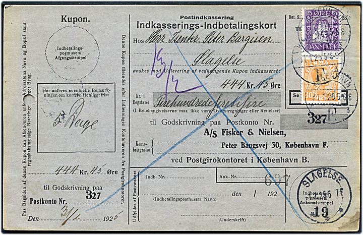 15 øre Chr. IV Postjubilæum og 30 øre Chr. X på retur Indkasserings-Indbetalingskort fra København d. 31.1.1925 til Slagelse.