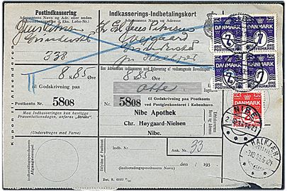 2 øre og 7 øre (fireblok) Bølgelinie på 30 øre frankeret retur Indkasserings-Indbetalingskort fra Nibe d. 2.10.1933 til Halkjær.
