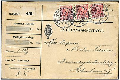 10 øre Chr. IX (3) på adressebrev for pakke fra Sindsygeanstalten ved Middelfart d. 1.6.1906 til Professor Absalon Larsen, København. Absalon Larsen (1871-1957) var professor i elektroteknik ved den Polyteknisk Læreanstalt.