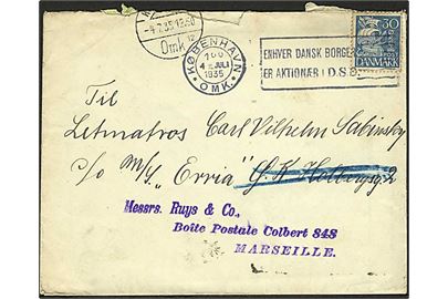 30 øre Karavel på brev fra København d. 4.7.1937 til sømand ombord på ØK-skibet Erria via rederi i København - eftersendt til Marseille, Frankrig.