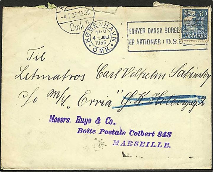 30 øre Karavel på brev fra København d. 4.7.1937 til sømand ombord på ØK-skibet Erria via rederi i København - eftersendt til Marseille, Frankrig.