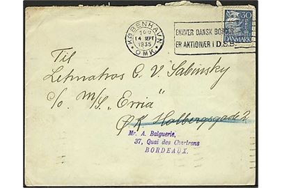 30 øre Karavel på brev fra København d. 14.9.1935 til sømand ombord på ØK-skibet Erria via rederi i København - eftersendt til Bordeaux, Frankrig.