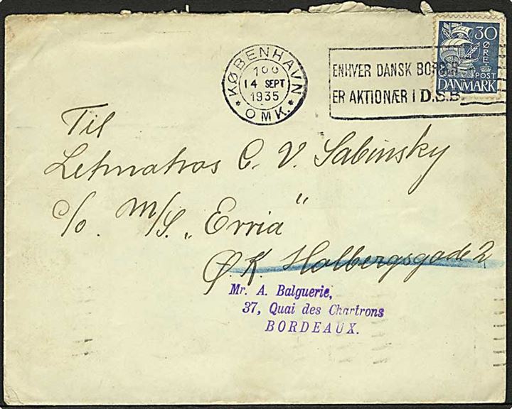 30 øre Karavel på brev fra København d. 14.9.1935 til sømand ombord på ØK-skibet Erria via rederi i København - eftersendt til Bordeaux, Frankrig.
