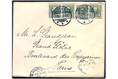 5 øre Fr. VIII (4) i kraftig varierende højde på brev fra Nørre-Alslev d. 17.2.1911 til Paris, Frankrig.