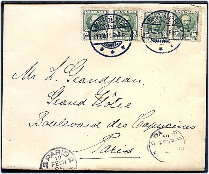 5 øre Fr. VIII (4) i kraftig varierende højde på brev fra Nørre-Alslev d. 17.2.1911 til Paris, Frankrig.