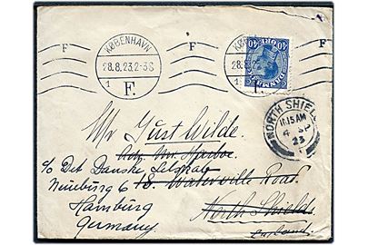 40 øre Chr. X single på brev fra København d. 28.8.1923 til North Shields, England - eftersendt til Hamburg, Tyskland.