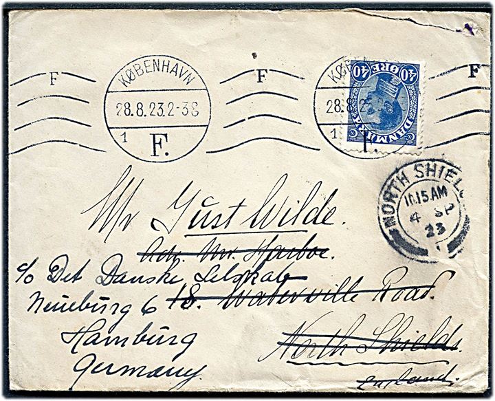 40 øre Chr. X single på brev fra København d. 28.8.1923 til North Shields, England - eftersendt til Hamburg, Tyskland.