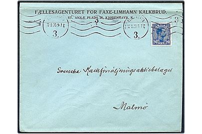 20 øre Chr. X single på brev fra Kjøbenhavn d. 12.8.1920 til Malmö, Sverige.