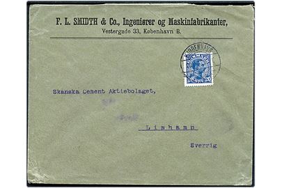 20 øre Chr. X på 2. vægtkl. brev fra Kjøbenhavn *XI.* d. 26.10.1915 til Limhamn, Sverige. Stempel anvendt 1 måned senere end registreret i Skilling.