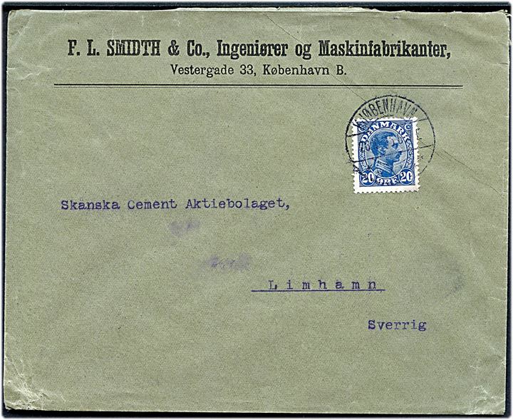 20 øre Chr. X på 2. vægtkl. brev fra Kjøbenhavn *XI.* d. 26.10.1915 til Limhamn, Sverige. Stempel anvendt 1 måned senere end registreret i Skilling.