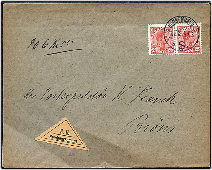 25 øre Chr. X i parstykke på brev med postopkrævning fra Kjøbenhavn d. 3.6.1924 til Brøns.