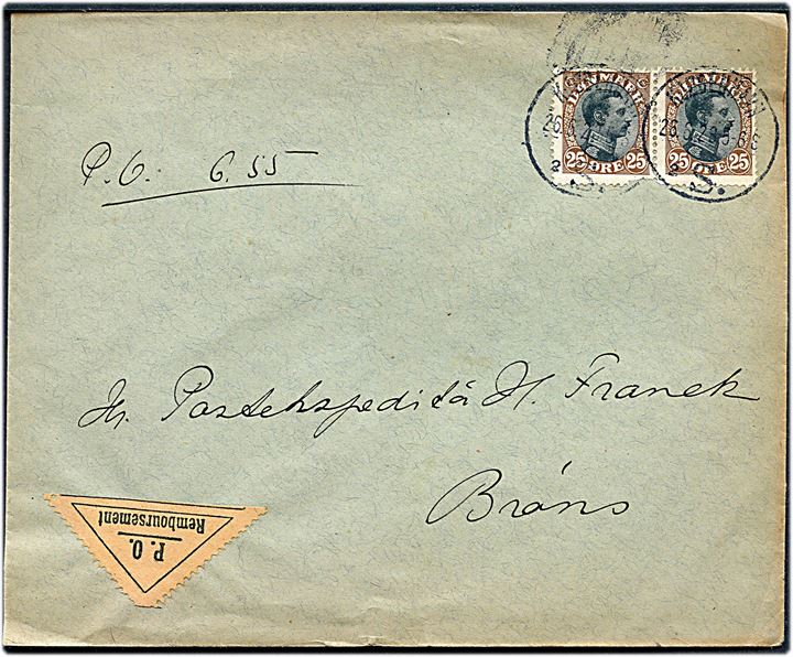 25 øre Chr. X i parstykke på brev med postopkrævning fra Kjøbenhavn d. 26.6.1923 til Brøns. På bagsiden ank.stemplet brotype IIb Brøns d. 30.6.1923.