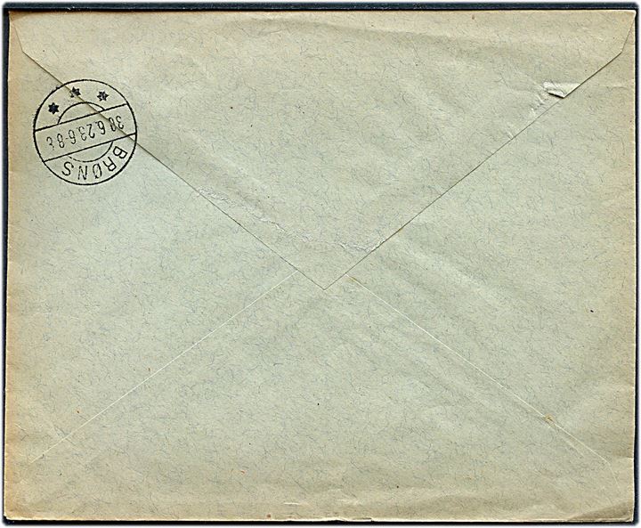 25 øre Chr. X i parstykke på brev med postopkrævning fra Kjøbenhavn d. 26.6.1923 til Brøns. På bagsiden ank.stemplet brotype IIb Brøns d. 30.6.1923.