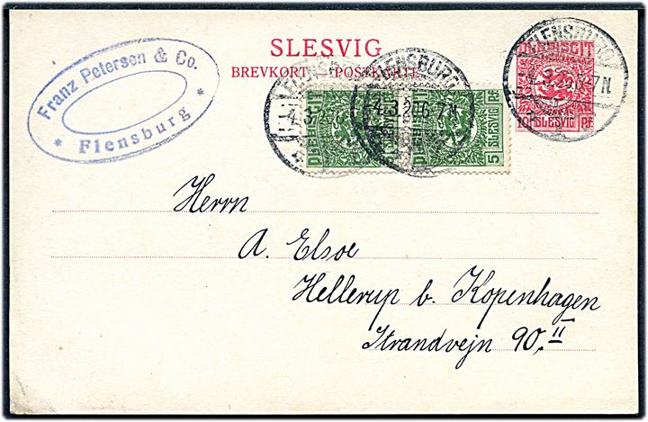 10 pfg. Fælles udg. helsagsbrevkort opfrankeret med 5 pfg. Fælles udg. fra Flensburg d. 4.3.1920 til Hellerup, Danmark.
