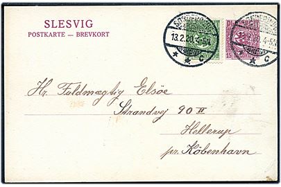 15 pfg. Fælles udg. helsagsbrevkort opfrankeret med 5 pfg. Fælles udg. fra Sonderburg **C d. 13.2.1920 til Hellerup, Danmark.