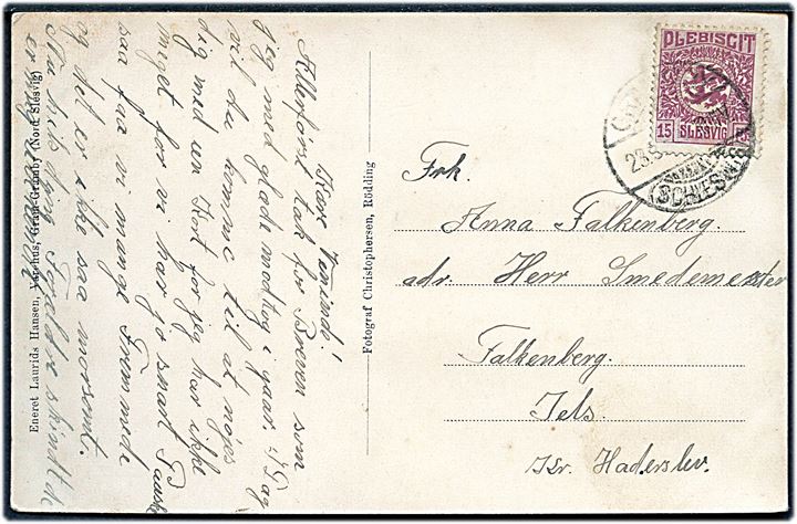 15 pfg. Fælles udg. på brevkort (Gram med Laurids Hansen's varehus) stemplet Grammby (Schleswig) d. 23.3.1920 til Falkenberg pr. Jels.