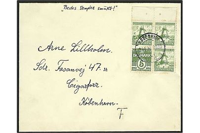 5+5 øre Dybbøl Mølle og 5 øre Bølgelinie i sammentrykt fireblok på brev fra København d. 24.5.1938.