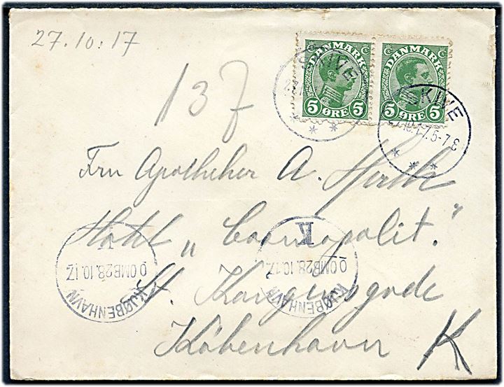 5 øre Chr. X i parstykke på brev fra Skive d. 27.10.1917 (lørdag) til København. Ank.stemplet Kjøbenhavn d. 28.10.1917 (søndag) 0.OMB. som angiver at brevet ikke er omdelt før næste dag.