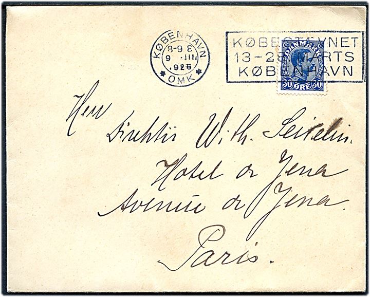 30 øre Chr. X single på brev fra København d. 8.3.1926 til Paris, Frankrig.