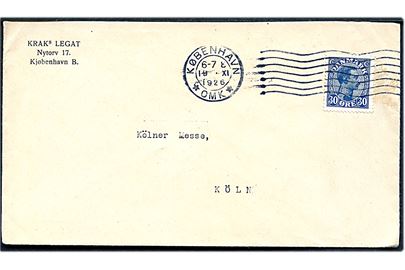 30 øre Chr. X single på brev fra København d. 19.11.1926 til Köln, Tyskland.
