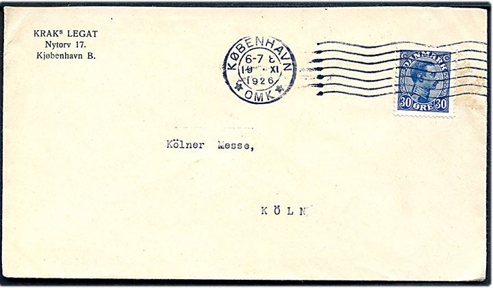 30 øre Chr. X single på brev fra København d. 19.11.1926 til Köln, Tyskland.